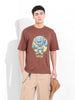 Men's Brown Boxy Oversized Placement Print Round Neck T-shirt