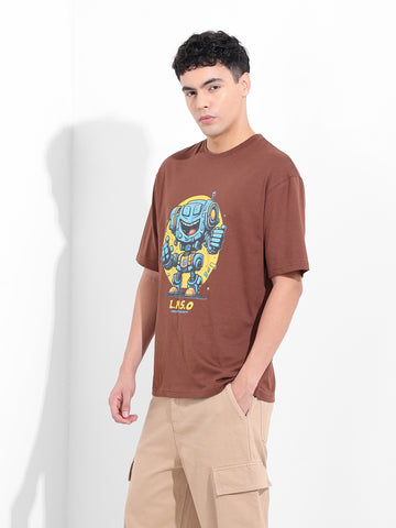 Men's Brown Boxy Oversized Placement Print Round Neck T-shirt
