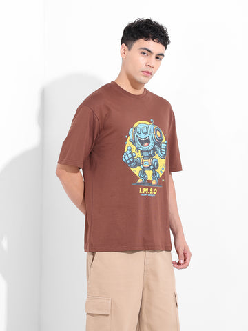 Men's Brown Boxy Oversized Placement Print Round Neck T-shirt