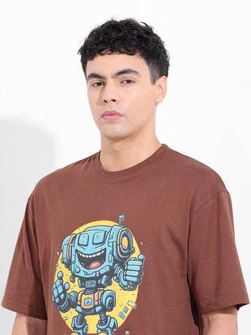 Men's Brown Boxy Oversized Placement Print Round Neck T-shirt