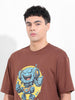 Men's Brown Boxy Oversized Placement Print Round Neck T-shirt