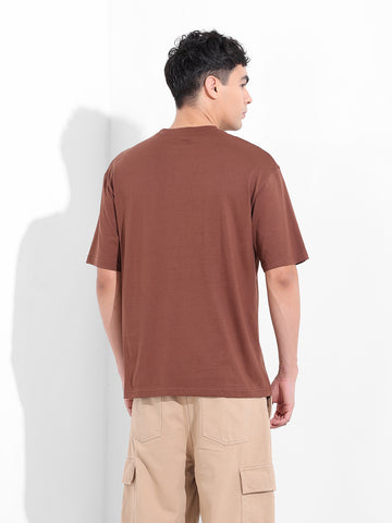 Men's Brown Boxy Oversized Placement Print Round Neck T-shirt