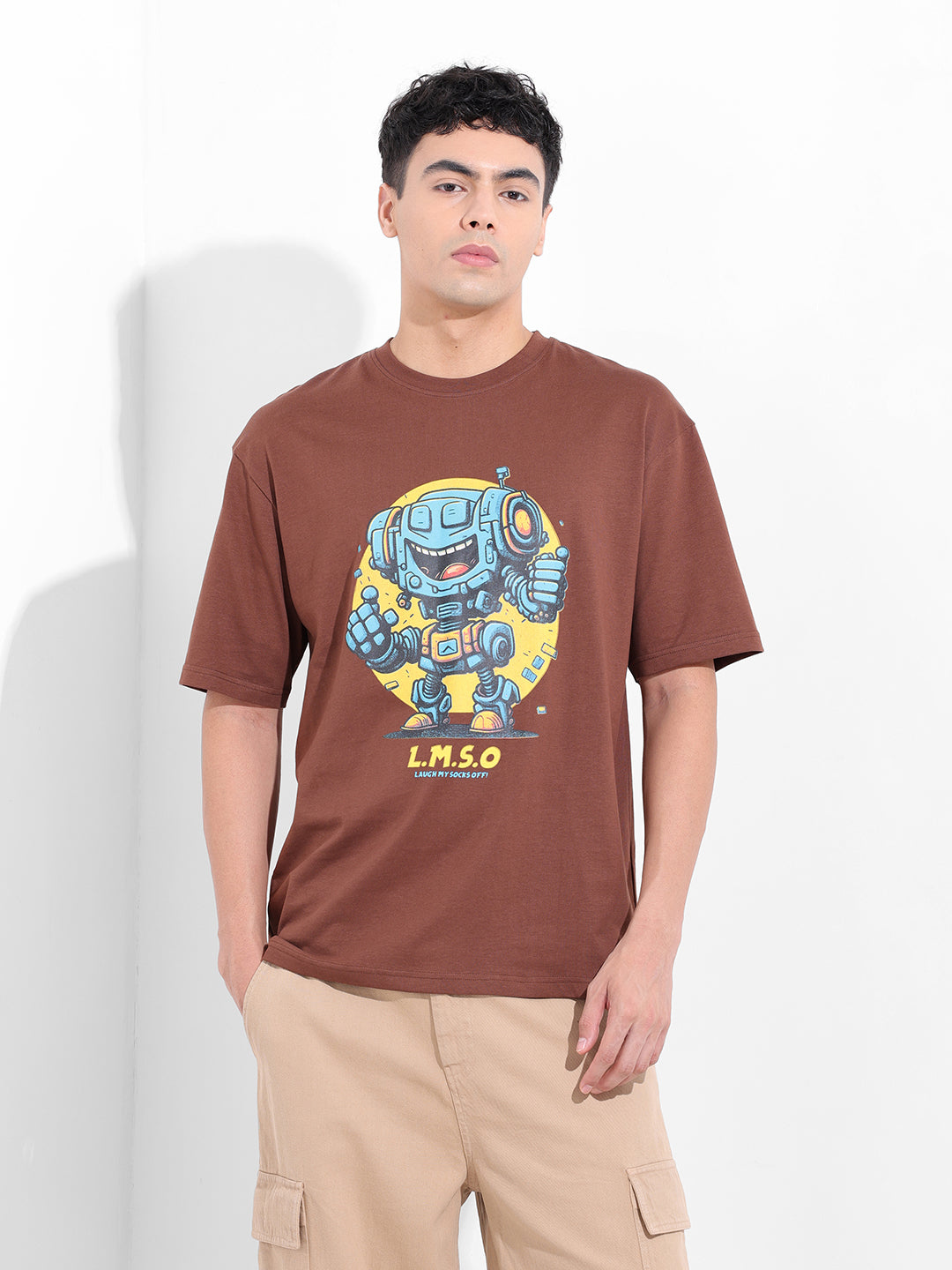 Men's Brown Boxy Oversized Placement Print Round Neck T-shirt