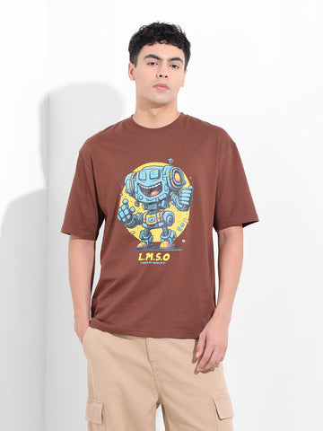 Men's Brown Boxy Oversized Placement Print Round Neck T-shirt
