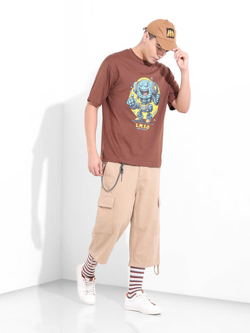 Men's Brown Boxy Oversized Placement Print Round Neck T-shirt