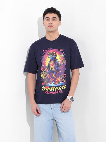 Men's Navy Boxy Oversized Placement Print Round Neck T-shirt