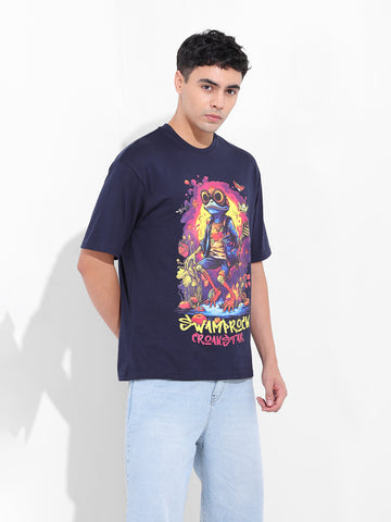 Men's Navy Boxy Oversized Placement Print Round Neck T-shirt