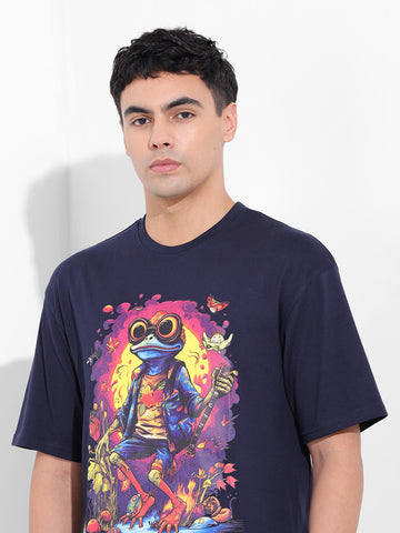 Men's Navy Boxy Oversized Placement Print Round Neck T-shirt