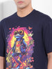 Men's Navy Boxy Oversized Placement Print Round Neck T-shirt