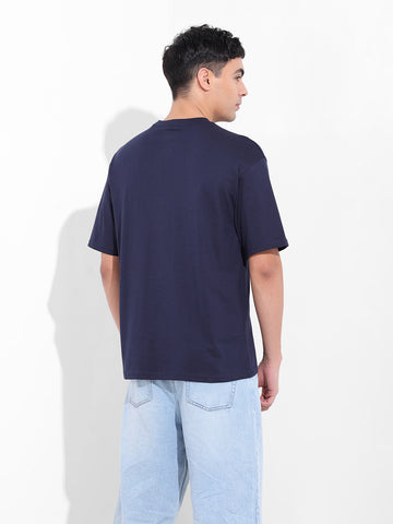 Men's Navy Boxy Oversized Placement Print Round Neck T-shirt