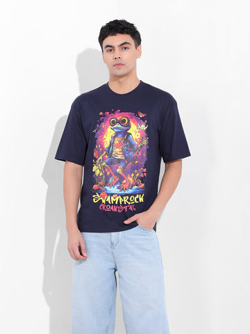 Men's Navy Boxy Oversized Placement Print Round Neck T-shirt