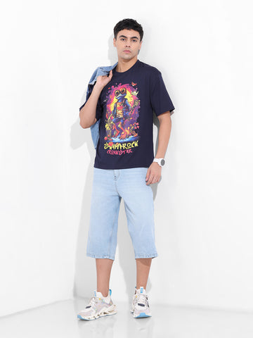 Men's Navy Boxy Oversized Placement Print Round Neck T-shirt