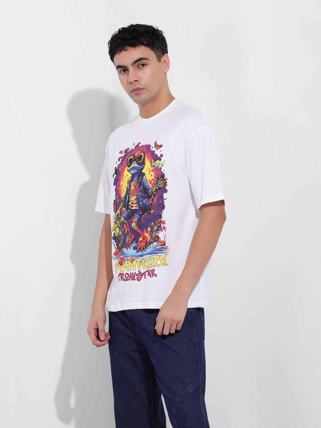 Men's White Boxy Oversized Placement Print Round Neck T-shirt