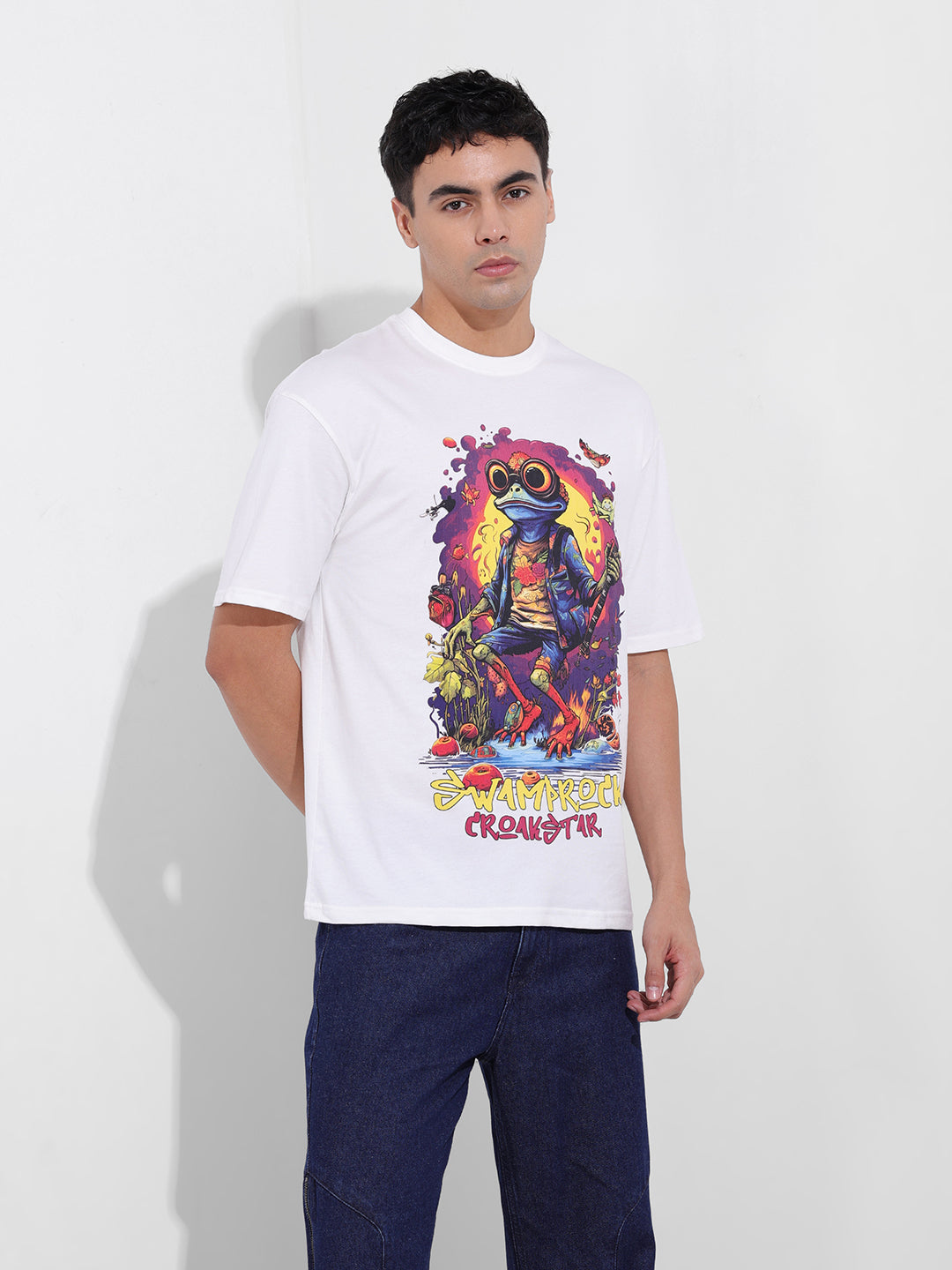 Men's White Boxy Oversized Placement Print Round Neck T-shirt
