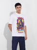 Men's White Boxy Oversized Placement Print Round Neck T-shirt
