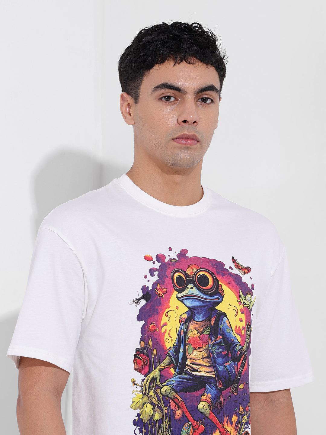 Men's White Boxy Oversized Placement Print Round Neck T-shirt