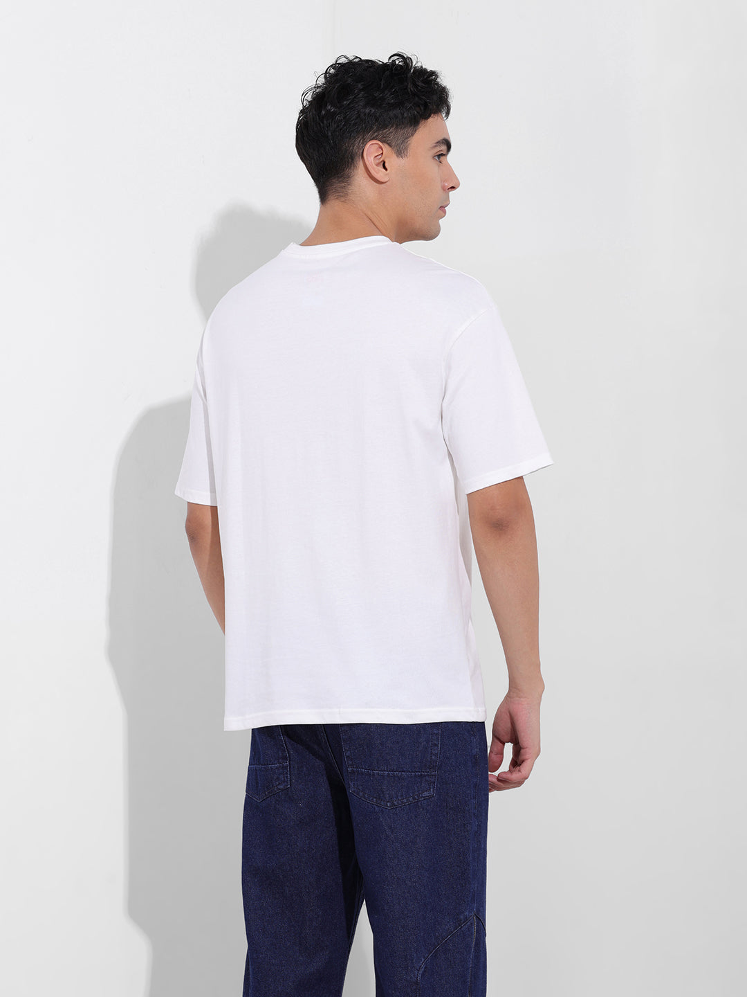 Men's White Boxy Oversized Placement Print Round Neck T-shirt