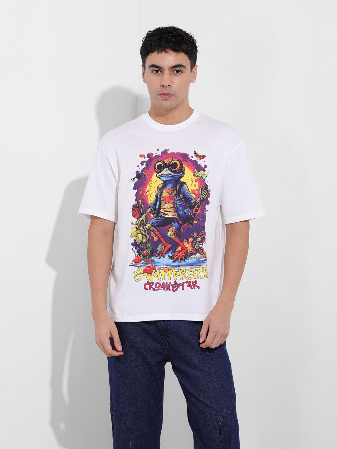 Men's White Boxy Oversized Placement Print Round Neck T-shirt