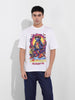 Men's White Boxy Oversized Placement Print Round Neck T-shirt