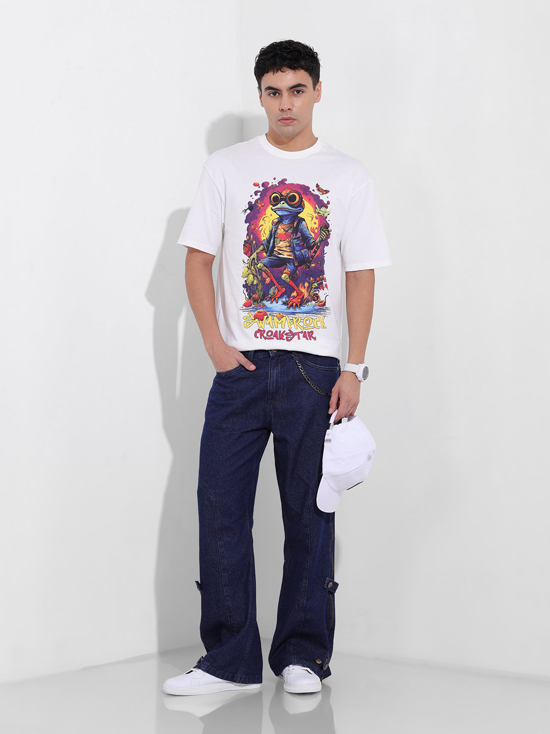Men's White Boxy Oversized Placement Print Round Neck T-shirt