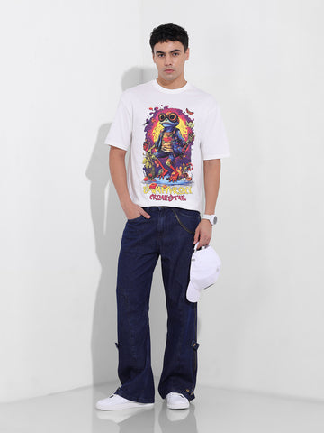 Men's White Boxy Oversized Placement Print Round Neck T-shirt