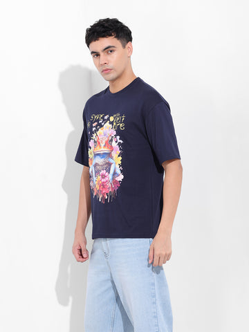 Men's Navy Boxy Oversized Placement Print Round Neck T-shirt