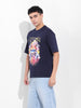 Men's Navy Boxy Oversized Placement Print Round Neck T-shirt