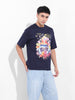 Men's Navy Boxy Oversized Placement Print Round Neck T-shirt
