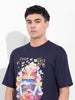 Men's Navy Boxy Oversized Placement Print Round Neck T-shirt