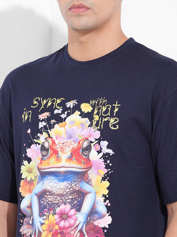 Men's Navy Boxy Oversized Placement Print Round Neck T-shirt