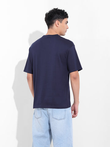 Men's Navy Boxy Oversized Placement Print Round Neck T-shirt