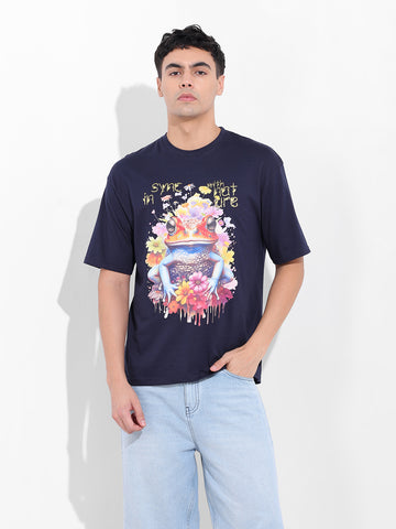 Men's Navy Boxy Oversized Placement Print Round Neck T-shirt