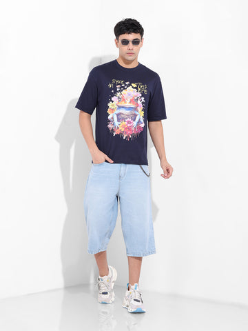 Men's Navy Boxy Oversized Placement Print Round Neck T-shirt