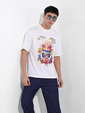 Men's White Boxy Oversized Placement Print Round Neck T-shirt