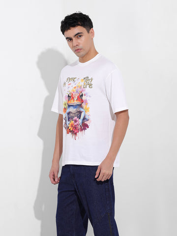 Men's White Boxy Oversized Placement Print Round Neck T-shirt