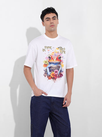 Men's White Boxy Oversized Placement Print Round Neck T-shirt
