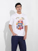 Men's White Boxy Oversized Placement Print Round Neck T-shirt