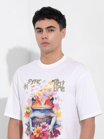 Men's White Boxy Oversized Placement Print Round Neck T-shirt