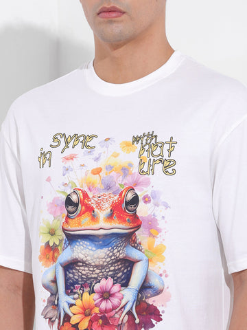Men's White Boxy Oversized Placement Print Round Neck T-shirt