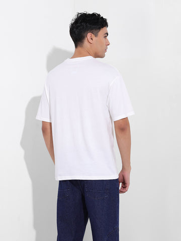 Men's White Boxy Oversized Placement Print Round Neck T-shirt