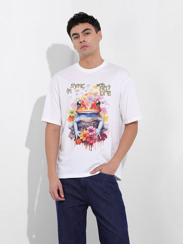 Men's White Boxy Oversized Placement Print Round Neck T-shirt