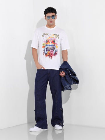 Men's White Boxy Oversized Placement Print Round Neck T-shirt