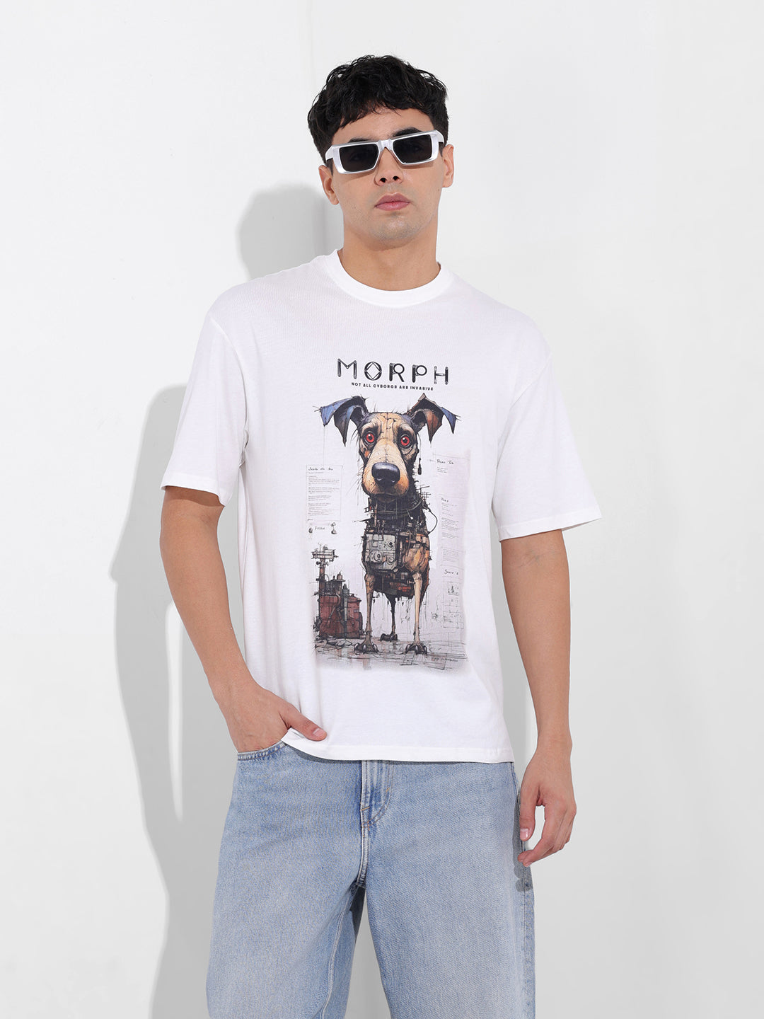 Men's White Boxy Oversized Placement Print Round Neck T-shirt