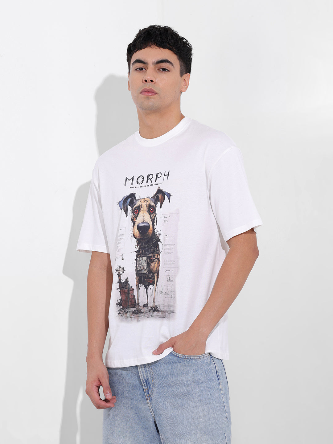 Men's White Boxy Oversized Placement Print Round Neck T-shirt