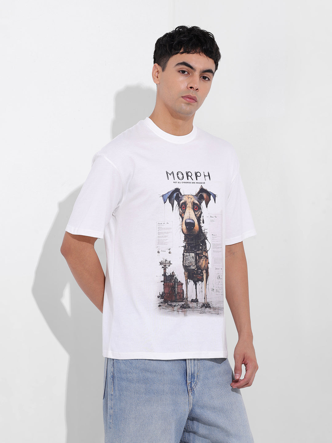 Men's White Boxy Oversized Placement Print Round Neck T-shirt