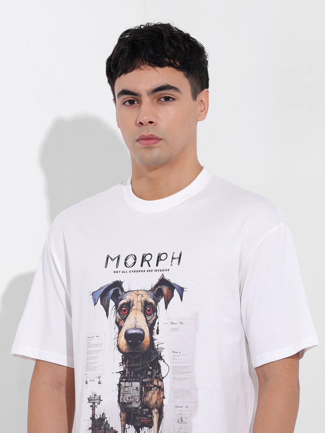 Men's White Boxy Oversized Placement Print Round Neck T-shirt