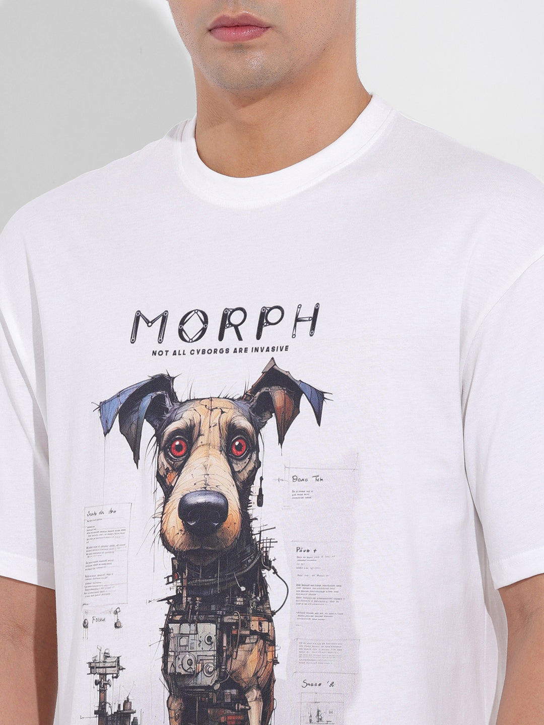 Men's White Boxy Oversized Placement Print Round Neck T-shirt