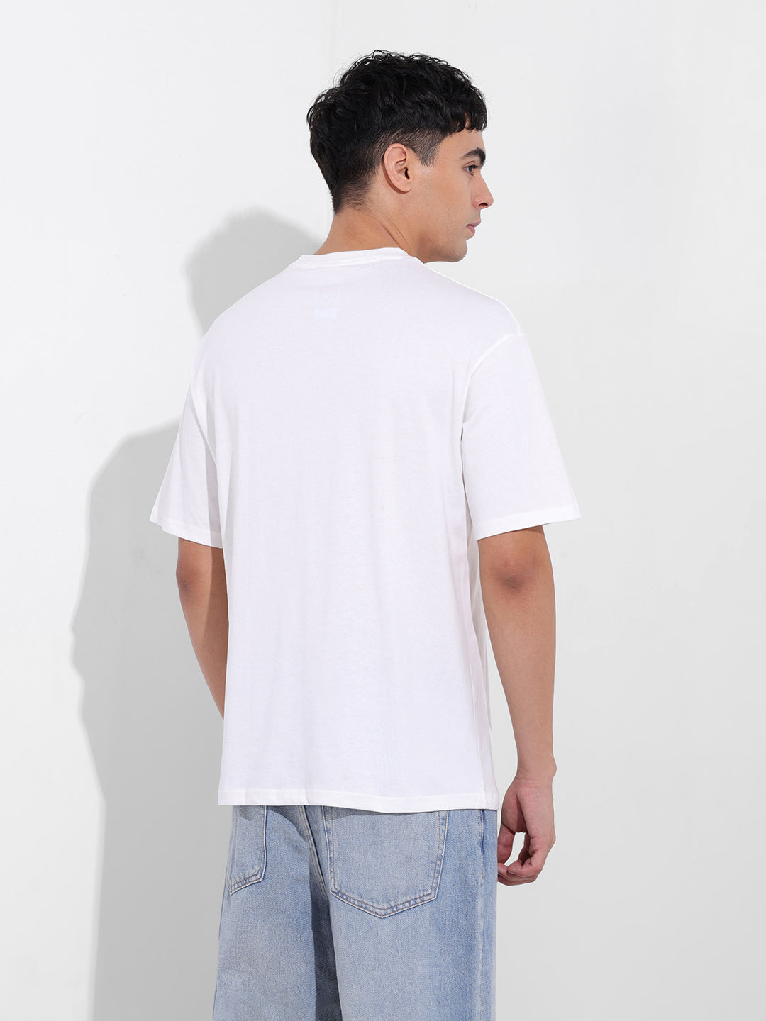 Men's White Boxy Oversized Placement Print Round Neck T-shirt