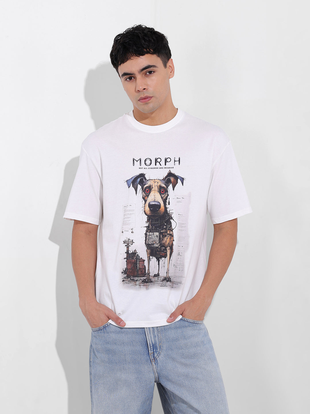 Men's White Boxy Oversized Placement Print Round Neck T-shirt