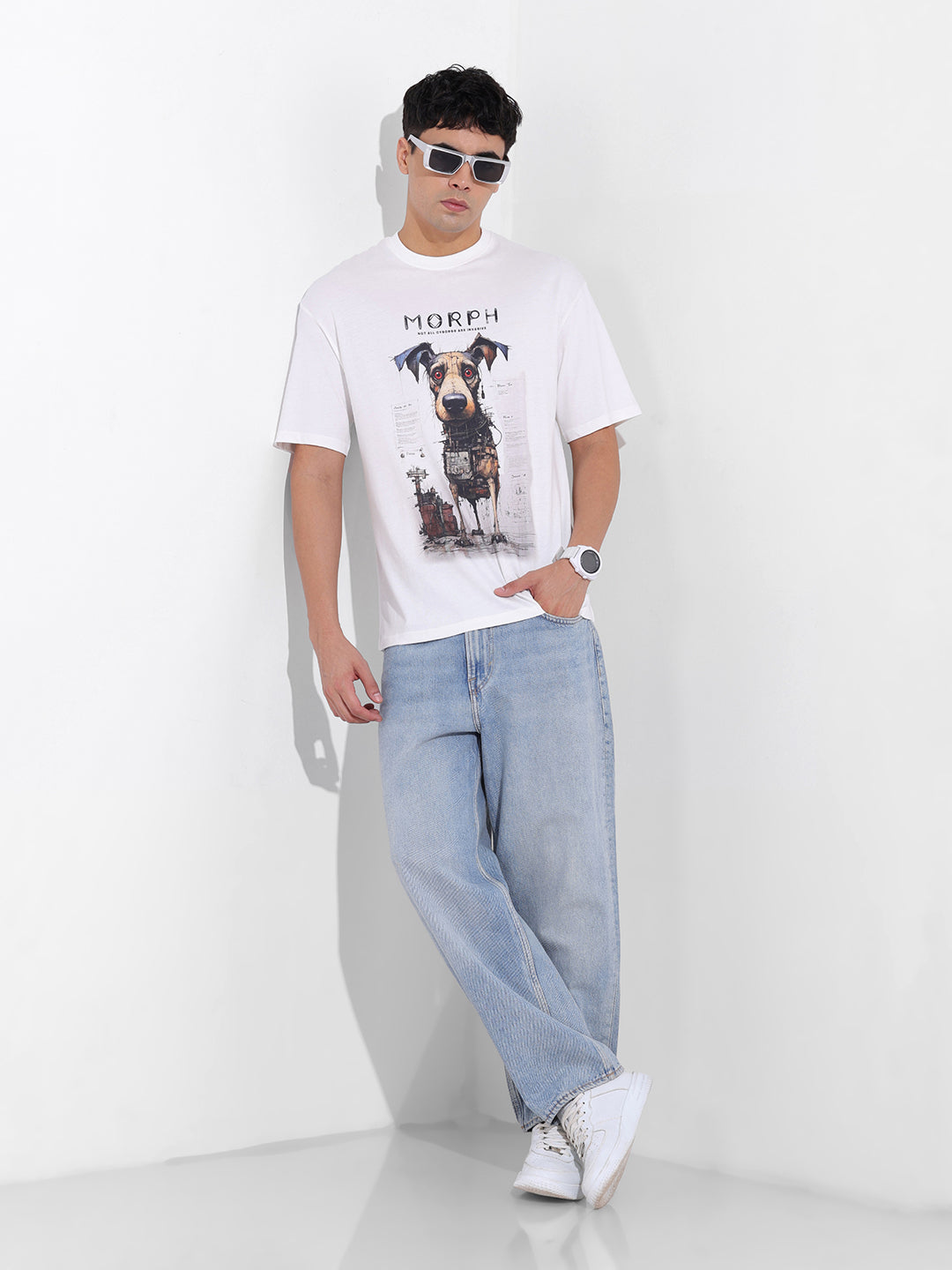 Men's White Boxy Oversized Placement Print Round Neck T-shirt